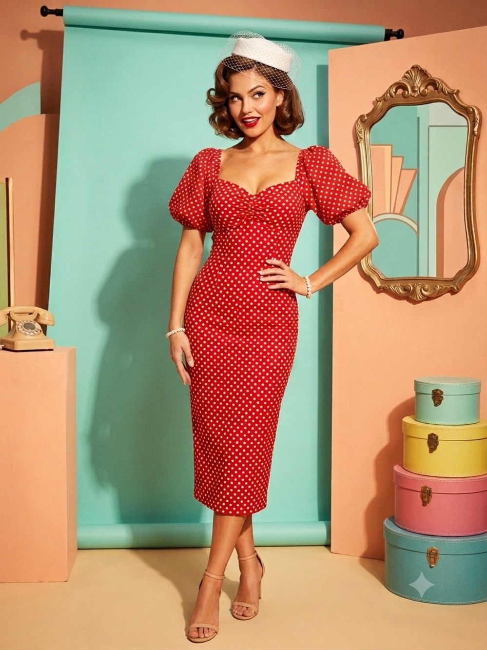 Betsey Johnson red polka dot retro pinup dress sweetheart neck puff sleeve 4